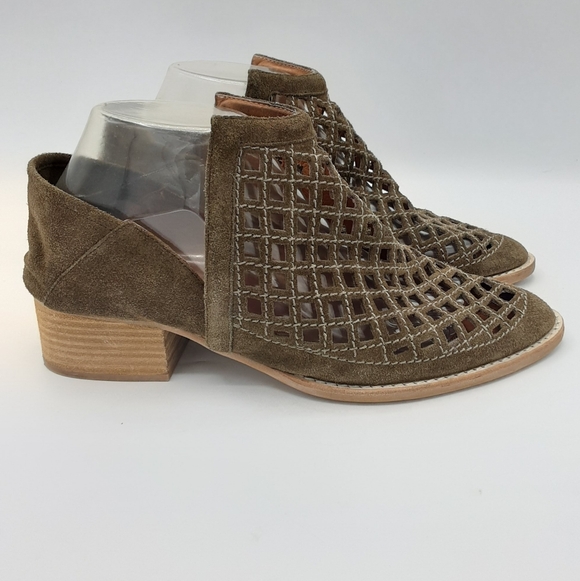 Jeffrey Campbell Taggart Olive Green Suede Cutout Stacked Heel Booties. - Picture 4 of 16
